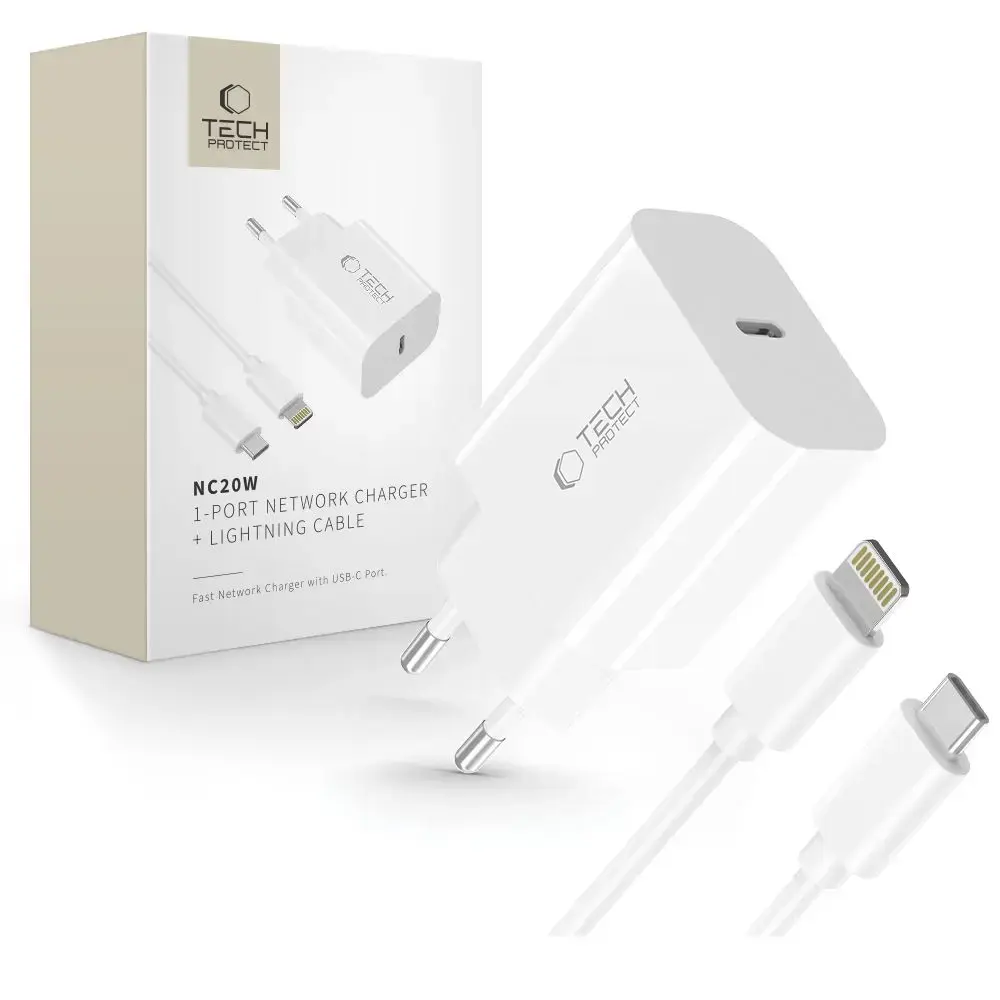 Tech-Protect NC20W tīkla lādētājs | 20W | PD | USB-C | ar USB-C uz Lightning vadu komplektā | balts