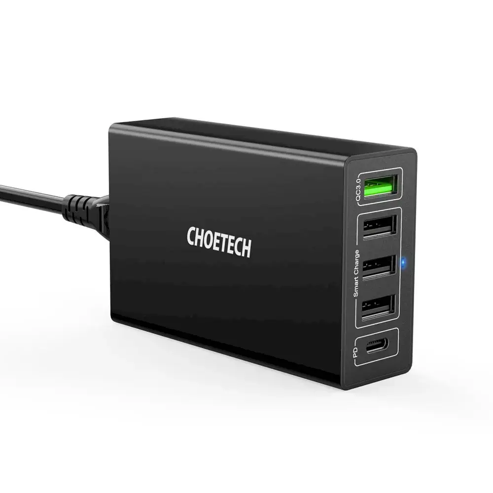 Choetech travel wall Charger 4x USB | 1X USB Type C 60W Power Delivery Quick Charge black (Q34U2Q-EU)