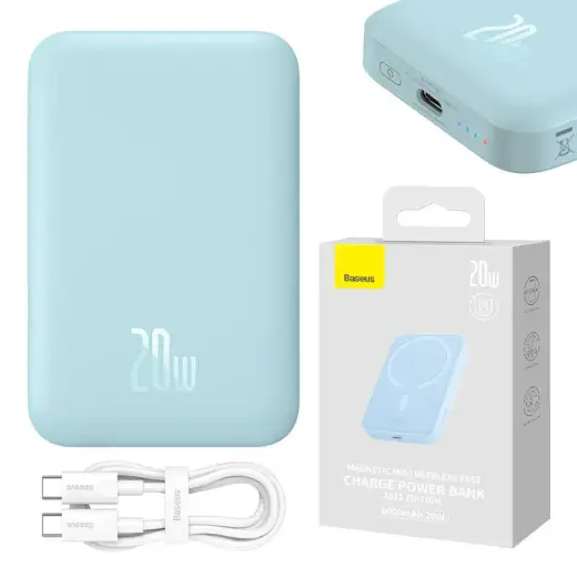 Baseus Magnetic Mini ārējais akumulators (powerbank) | 6000 mAh | 20W | USB-C, MagSafe | zils
