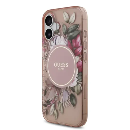 Guess IML Flowers Strap MagSafe Case for iPhone 17 Pink
