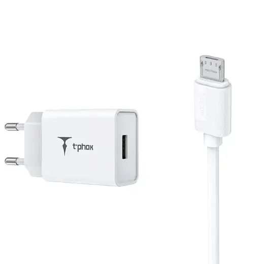 Зарядное устройство T-Phox MINI-EU | 12W | USB-A, Micro-USB | с кабелем USB-A на Micro-USB в комплекте | белое