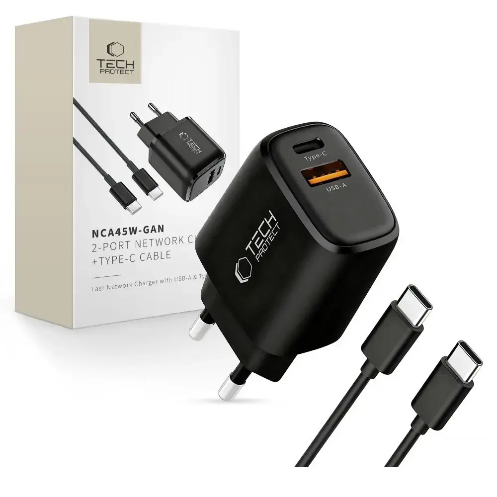 Tech-Protect NCA45W-GAN tīkla lādētājs | 45W | PD, QC, GaN | USB-C, USB-A | ar USB-C uz USB-C vadu komplektā | melns