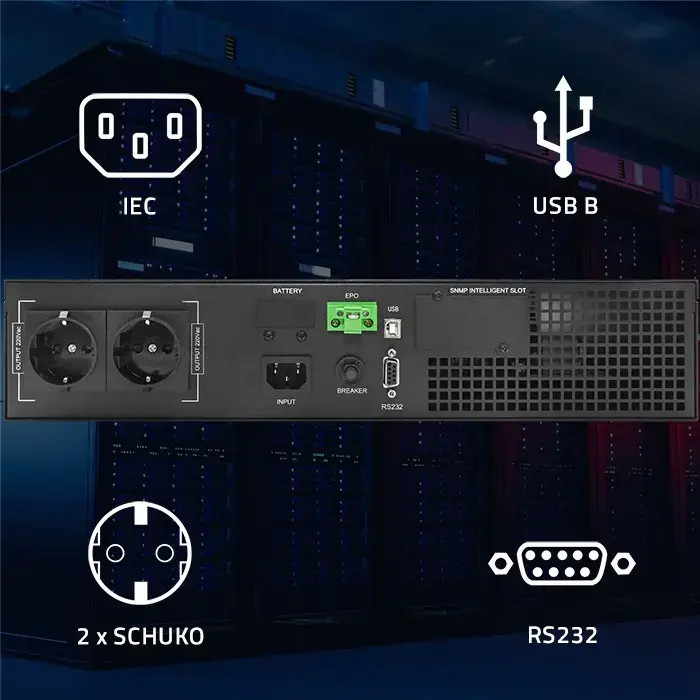 Qoltec Uninterruptible Power Supply UPS for RACK | 1kVA | 1000W | Power factor 1.0 | LCD | EPO | USB | On-line