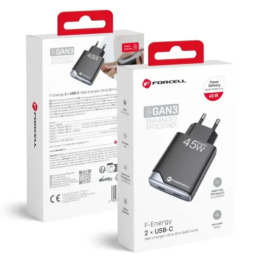 Forcell F-Energy Ultra Slim tīkla lādētājs | 45W | PD, QC, GaN | USB-C | melns
