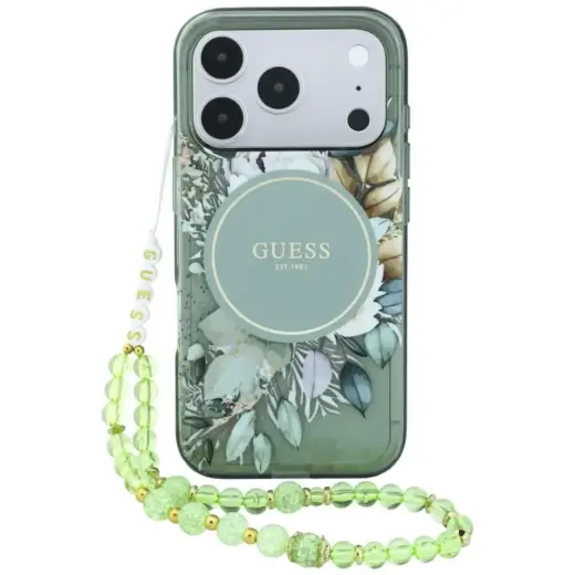 Guess IML Flowers Pearl Strap MagSafe Case for iPhone 18 Pro / 17 Pro - Green