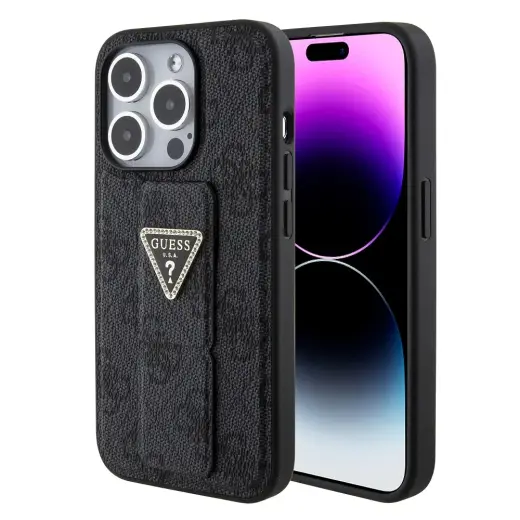 Guess PU Grip Stand 4G Strass Triangle Metal Logo Case for iPhone 15 Pro Black