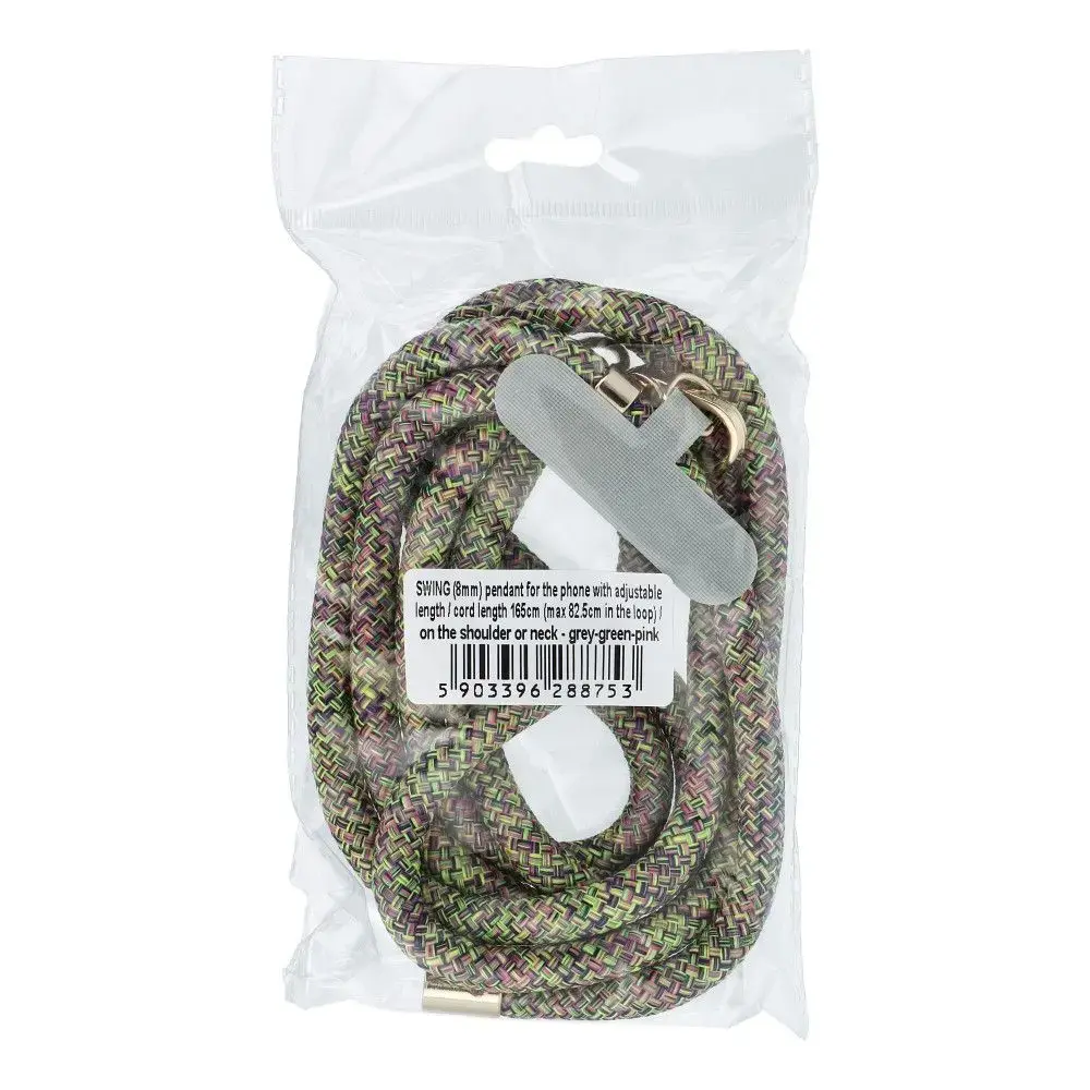 SWING (8mm) Phone lanyard, Phone pendant with adjustable length / cord length 165cm (max 82.5cm in the loop) / on the shoulder or neck - grey-green-pink