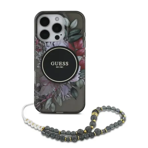 Guess IML Flowers Pearl Strap MagSafe чехол для телефона iPhone 16 Pro Max Черный