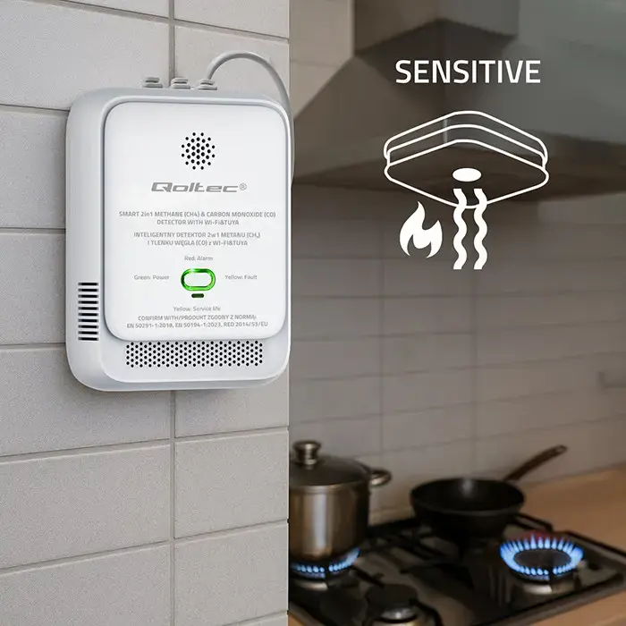Qoltec Certified natural gas and carbon monoxide (CO) leak detector | CH4 | CO | NG | Tuya | Wi-Fi | 85dB alarm | LED