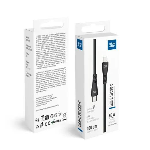 Blue Star PJ-DQ1-C andmeedastus- ja laadimiskaabel | USB-C kuni USB-C | QC 4.0 | 60W | 1m | must