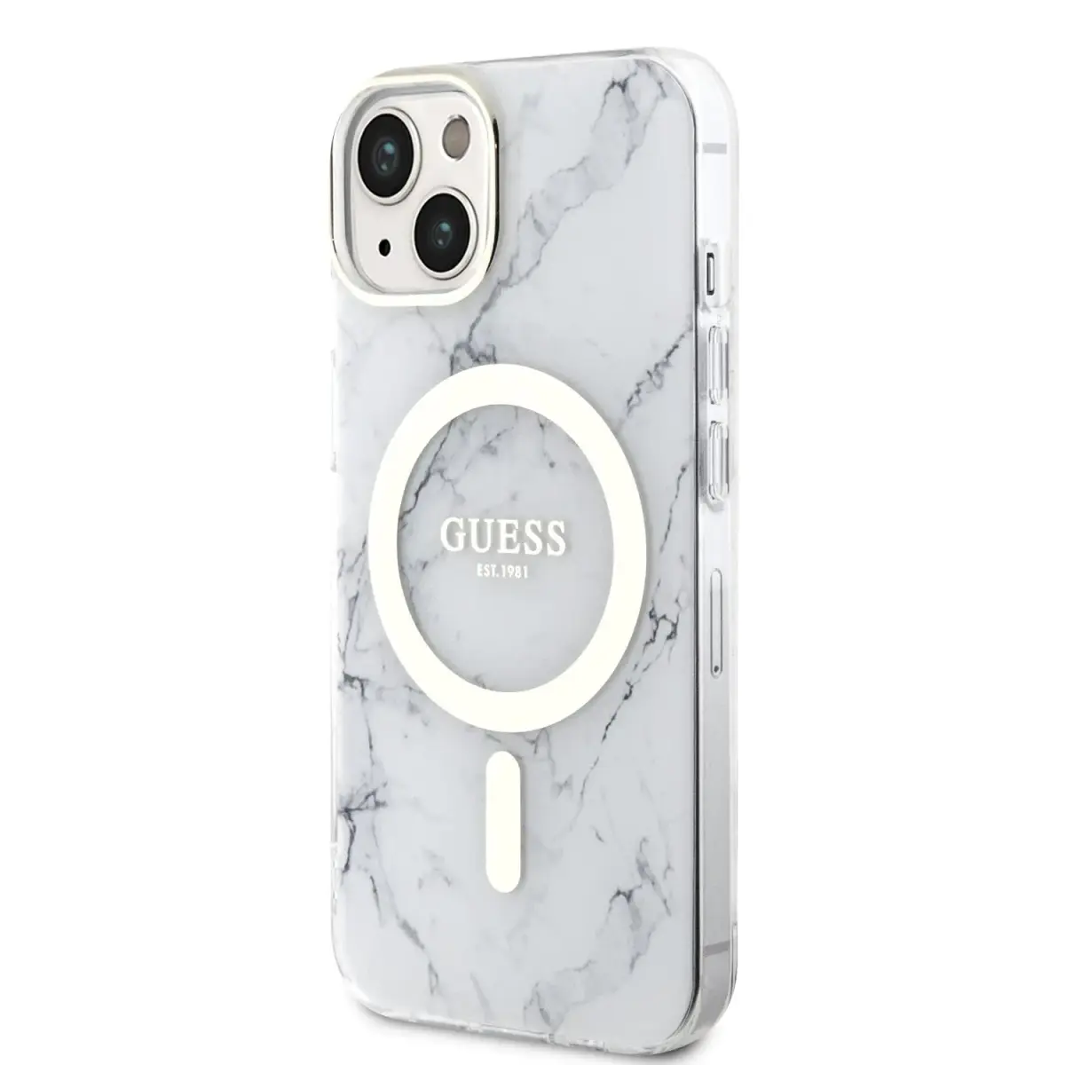Guess IML Marble MagSafe telefona maciņš iPhone 13 balts