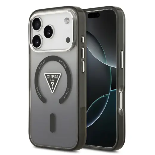 Guess IML Gradient With Print Triangle Logo & Silver Metal Camera Buttons maciņš ar MagSafe atbalstu telefonam iPhone 17 Pro melns