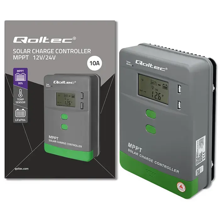 Qoltec Solar Charge Controller MPPT with Temperature Sensor 10A | 12V / 24V | LCD | 2 x USB | GEL | LiFePO4