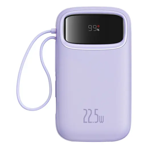 Baseus Qpow2 20000mAh 22.5W Powerbank with Dual Cable with Digital Display + Baseus Simple USB-C 3A Cable 0.3m (White) - Purple