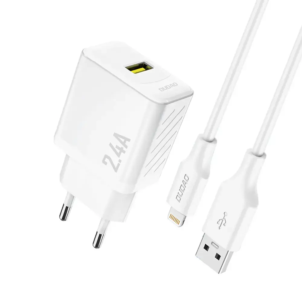 Dudao A23LEU tīkla lādētājs | 12W | GaN | USB-A | ar USB-A uz Lightning vadu komplektā | balts