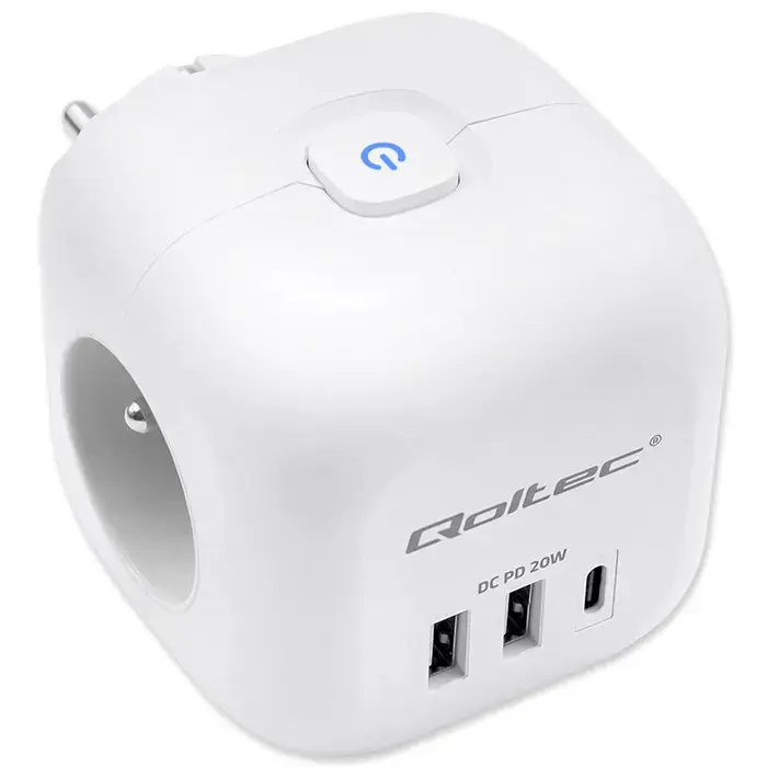 Qoltec Power cube 6-in-1 extension cord with illuminated switch | 3x AC | 2x USB | 1x USB-C PD 20W | White