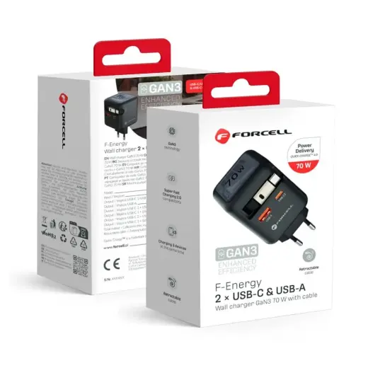 Forcell F-Energy VT-R7 tīkla lādētājs | 70W | PD, QC, GaN | USB-C, USB-A | ar USB-C vadu komplektā | pelēks