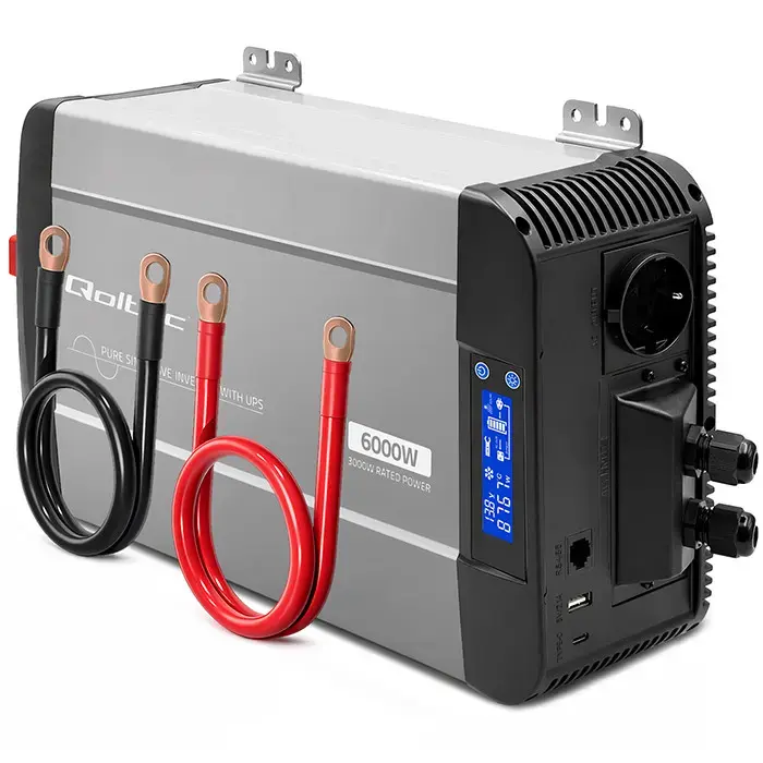 Qoltec Pure Sine Wave Inverter with UPS | 12V to 230V | 3000/6000W | USB | Compatible with LiFePO4 GEL AGM