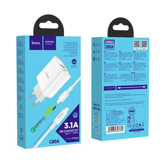 Hoco C80A Universal Travel Charger USB-C | USB | 12V | 3.0A | 18W | QC 3.0 | PD + Lightning Cable 1M White