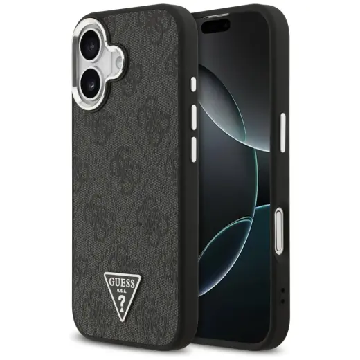 Guess 4G PU Leather Case With Triangle Logo And Silver Metal Camera Frame maciņš ar MagSafe atbalstu telefonam iPhone 17 melns