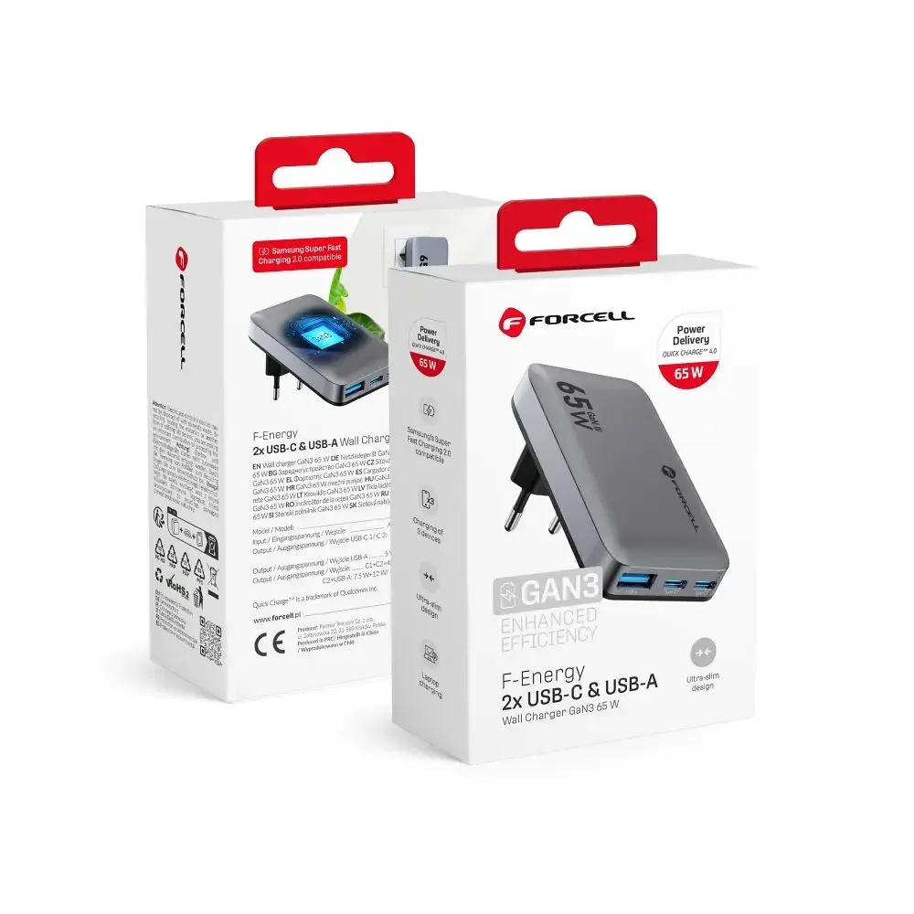Forcell F-Energy Ultra Slim tīkla lādētājs | 65W | PD, QC, GaN | USB-C, USB-A | pelēks