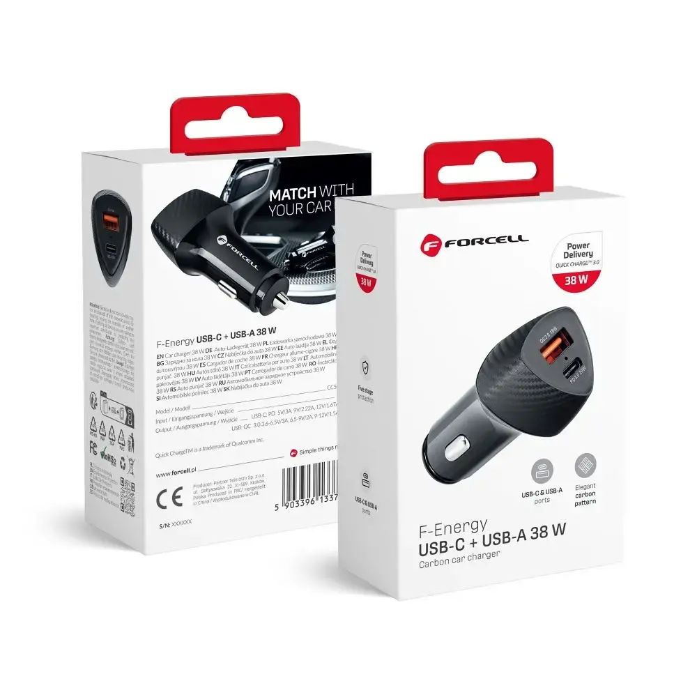Forcell F-Energy Carbon CC50-1A1C auto lādētājs | 38W | PD, QC | USB-C, USB-A | melns