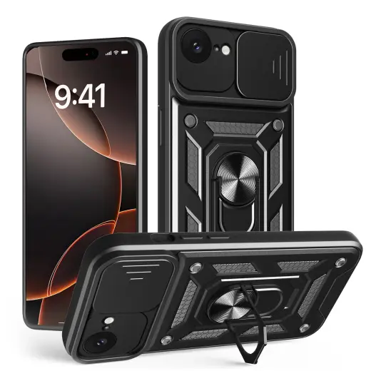 Defender Slide phone case with stand for iPhone 16e black (with camera lens protection)