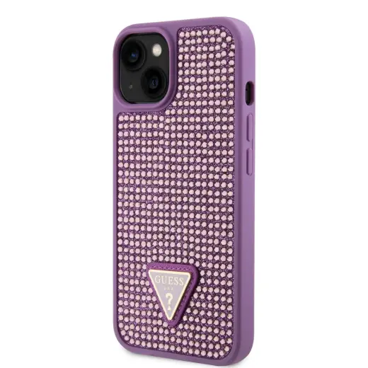 Guess Rhinestones Triangle Metal Logo Case for iPhone 15 Purple