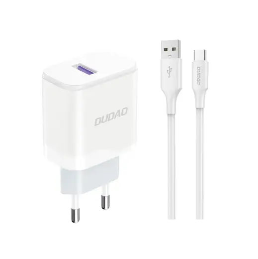 Dudao A20EU kelioninis įkroviklis | 18W | USB-A, USB-C | su USB-A į USB-C laidu komplekte | baltas