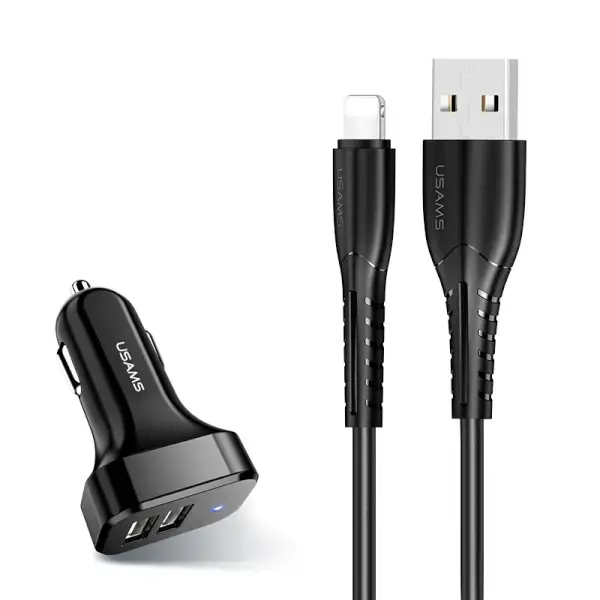 USAMS C13 NTU35LC13TZ automašīnas lādētājs | 10.5W | USB-A, Lightning | ar Lightning vadu komplektā | melns