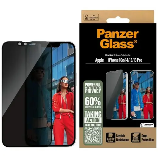 PanzerGlass Приватное стекло Ультра-широкое соответствие для iPhone 16e, 14, 13, 13 Pro