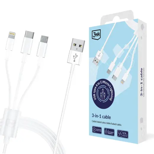 3mk 3-in-1 duomenų perdavimo ir įkrovimo laidas | USB-A į Micro USB, Lightning, USB-C | 15W | 1.2m | baltas