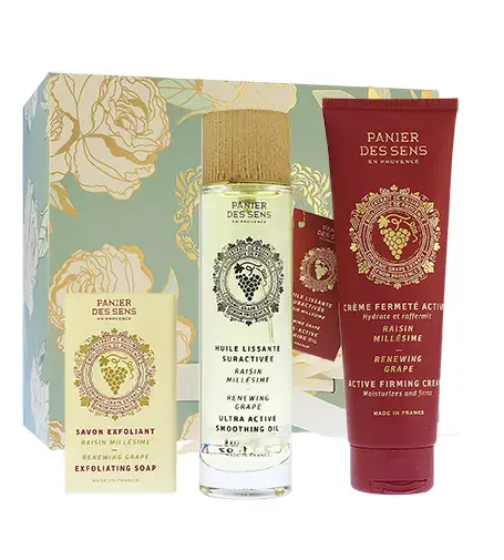 Panier Des Sens Renewing Grape gift set exfoliating soap 150 g + dry body oil 100 ml + firming body cream 140 ml