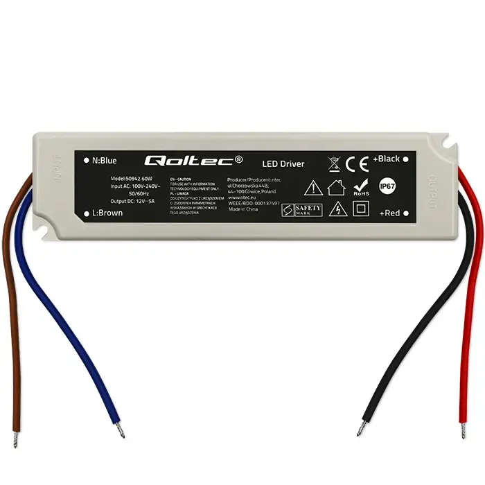 Qoltec LED Driver IP67 60W | 12V | 5A | Waterproof | White