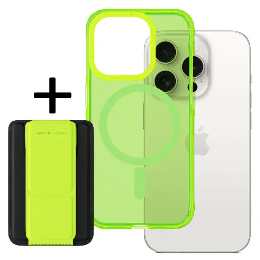 Amazing Thing Titan Pro Neon Mag raamatutüüpi telefoni ümbris alusega ja MagSafe toega aluse ja iPhone 15 Pro Max roheline
