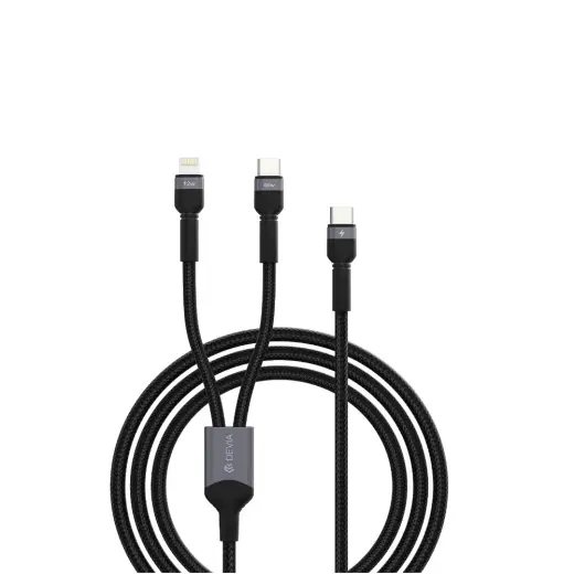 Devia Extreme EC648 3-in-1 datu pārraides un uzlādes vads | USB-C uz USB-C, USB-C uz Lightning | 15W | 1.2m | melns