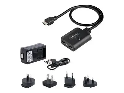 StarTech.com 2-Port HDMI Splitter, 4K 60Hz HDMI 2.0 Video, 4K HDMI Splitter 1 In 2 Out, 1x2 HDMI Display|Output Splitter, HDR|HDCP - 20in (50cm) Built-in HDMI Cable, Powered via USB or Included Power Supply (HDMI-SPLITTER-4K60UP) - video|audio splitter -