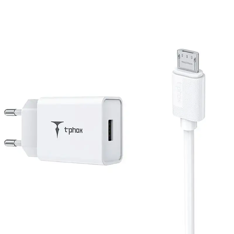 T-Phox MINI-EU tīkla lādētājs | 12W | USB-A, Micro-USB | ar USB-A uz Micro-USB vadu komplektā | balts