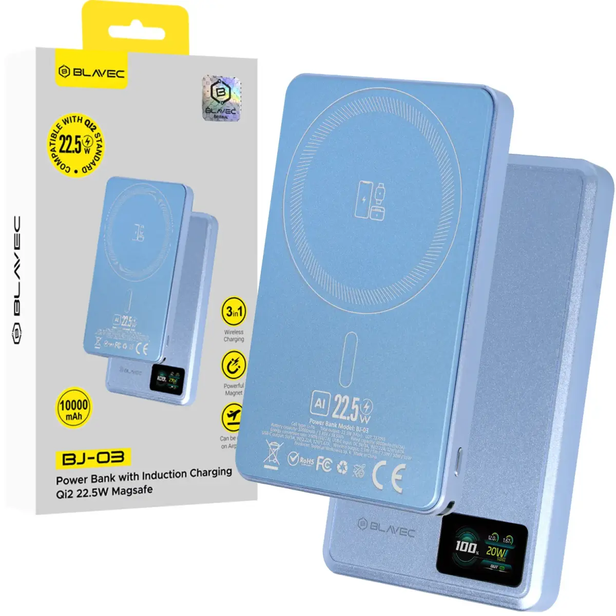 Blavec BJ-03 Slim 13.5mm 3-in-1 (PBBJ03-MC10LB) Power Bank | 10,000 mAh | 22.5W | USB-C, MagSafe | blue