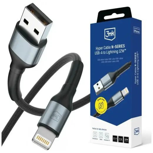 3MK Hyper N-SERIES duomenų perdavimo ir įkrovimo laidas | USB-A į Lightning | QC 3.0 | 12W | 2m | juodas