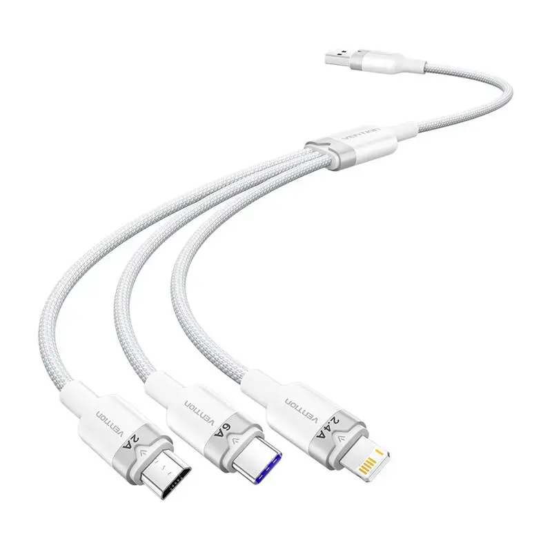 Vention CTRWG 3-in-1 datu pārraides un uzlādes vads | USB-A uz USB-C/Lightning/Micro USB | 120W | 1.5m | balts
