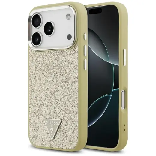 Guess Glitter Triangle Logo telefoniümbris MagSafe toega iPhone 17 Pro jaoks, kuldne