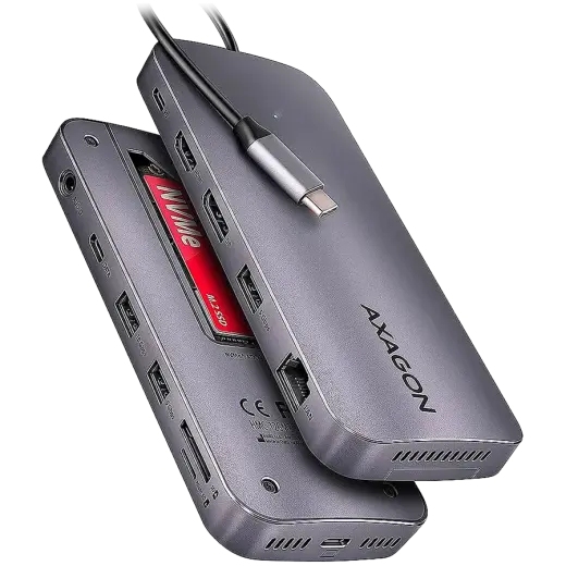 AXAGON Multiport USB-C 10Gbps hub. NVMe/SATA M.2, HDMI and DisplayPort. Cable USB-C 50 cm.
