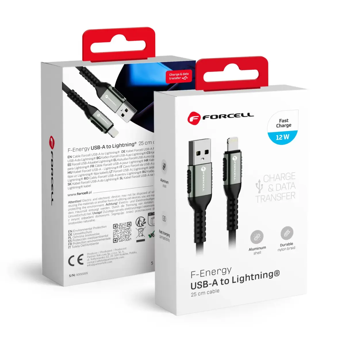 Forcell F-Energy C257 datu pārraides un uzlādes vads | USB-A uz Lightning | 12W | 0.25m | melns