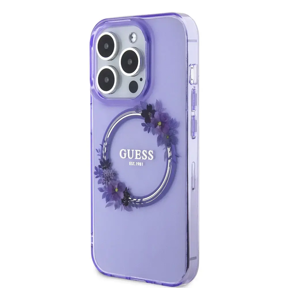 Guess PC|TPU Flowers Ring Glossy Logo MagSafe  maciņš iPhone 15 Pro Max violets