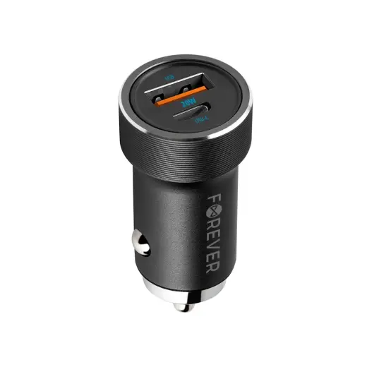 Forever CC-06 auto lādētājs | 20W | PD, QC | USB-C, USB-A | melns