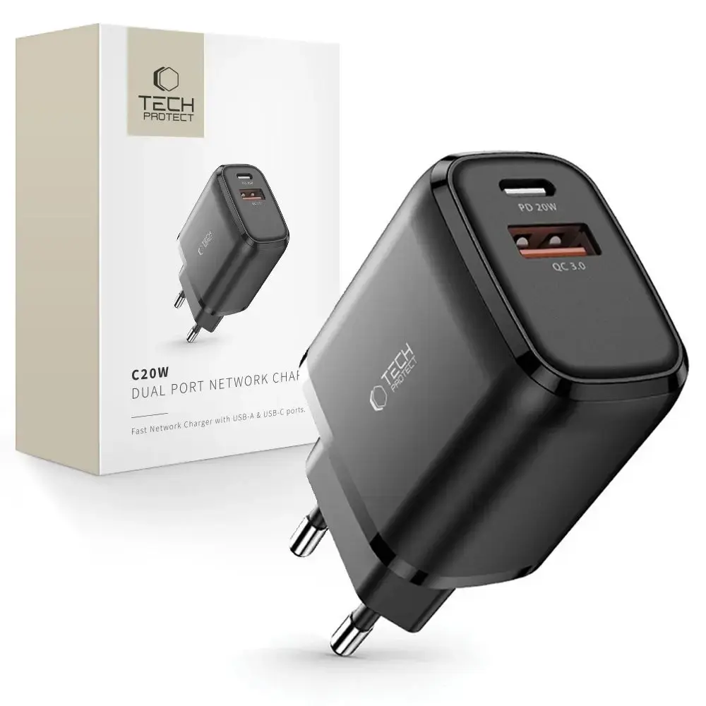 Tech-Protect C20W tīkla lādētājs | 20W | PD, QC3.0 | USB-C, USB-A | melns
