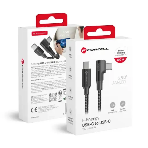 Forcell F-Energy CC-1Deg duomenų perdavimo ir įkrovimo laidas | USB-C į USB-C | QC 4.0, PD | 60W | 1.2m | juodas