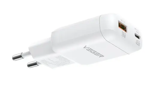 Phone charger USB A + Type C PD 45W + data cable Type C to C 100W VEGER TR121 white