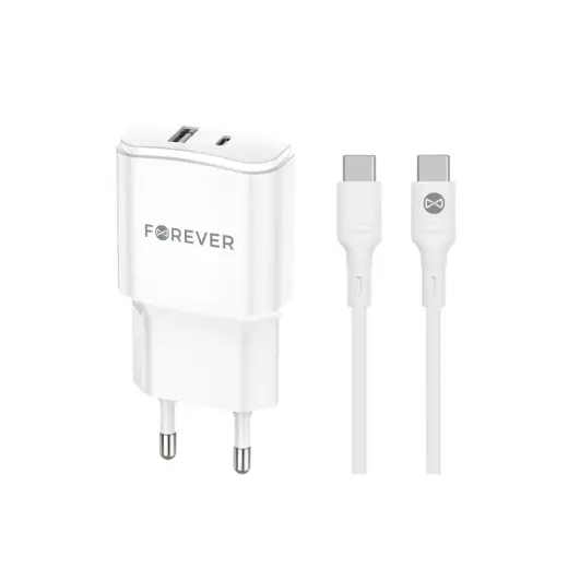 Forever TC-01-20AC tīkla lādētājs | 20W | PD, QC | USB-C, USB-A | USB-C uz USB-C vads komplektā | balts
